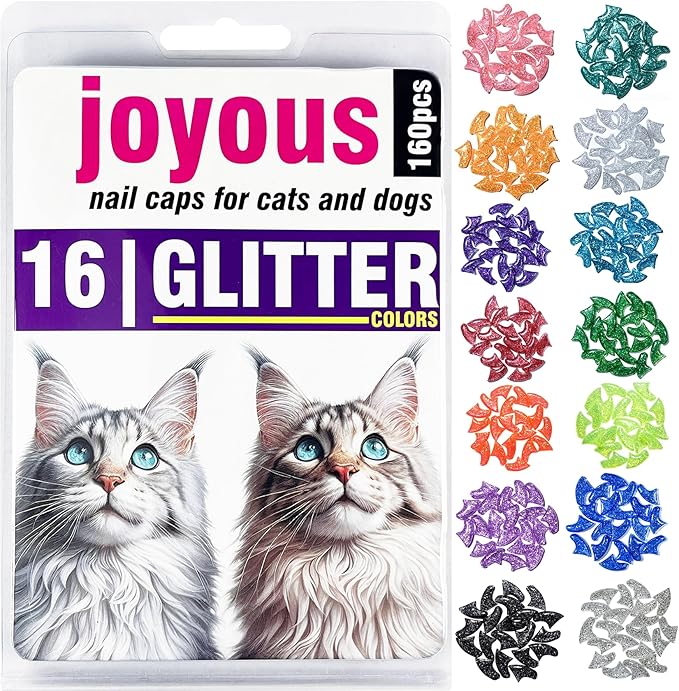 joyous 16x Glitter Colors / 160 pcs | Cat Nail Caps | Cat Claw Covers with Adhesives and Applicators (M)