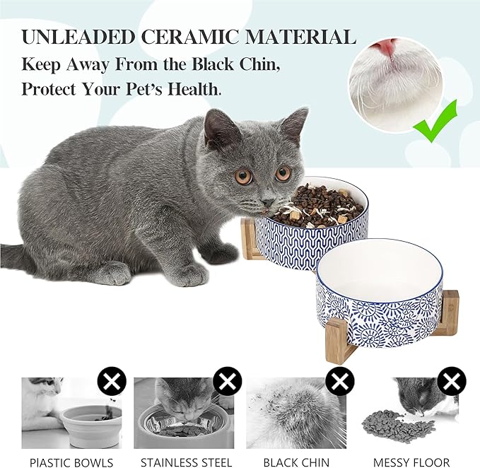Selamica Ceramic 30 OZ Dog Bowls, Dog Food and Water Bowls with Wooden Stand, Anti-Slip Dogs Dishes Set for Cats Small & Medium Sized Dogs, Weighted Pet Bowls Set of 2, Vintage Blue B