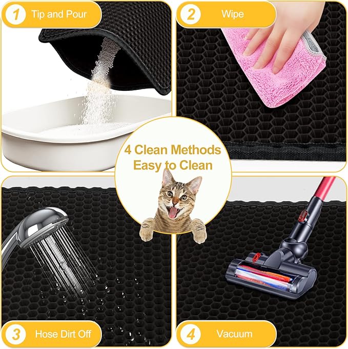 LeToo Cat Litter Mat Black Trapping for Litter Box, No Slip Large, Urine Waterproof, Honeycomb Double Layer Anti Tracking Kitty Mats, No Phthalate, Washable Easy Clean (24" x 15", Black)