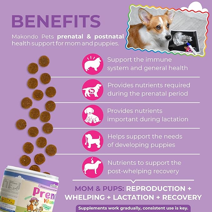 Dog Prenatal Vitamins – 120 Soft Chews Multivitamin, Folic Acid, Zinc, B-Complex, DHA & EPA Omegas and Probiotics Supplement for Pregnant, Nursing Breastfeeding pet – Mom & Puppy Vitamin Formula.