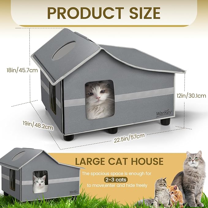 Outdoor Cat House Weatherproof, Outside Cat House for Outdoor Feral Cats, Insulated Cat Shelter with Cozy Mat and Elevated Bases