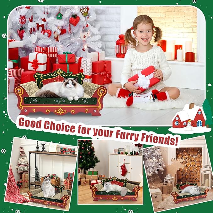 Luxury Cardboard Cat Scratcher Sofa Bed, Couch Shaped Scratching Board, Scratch Lounge with Catnip, Scratcher for Indoor Cats Large (Christmas Tree Pattern)