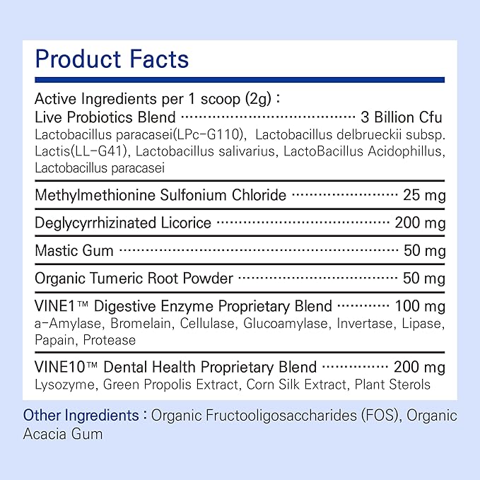 Dental-Stomach Probiotics - Patented 2-Strain Probiotics That Help Oral Health, Vitamin U, Mastic Gum, DGL, Propolis, Digestive Enzymes (120g)