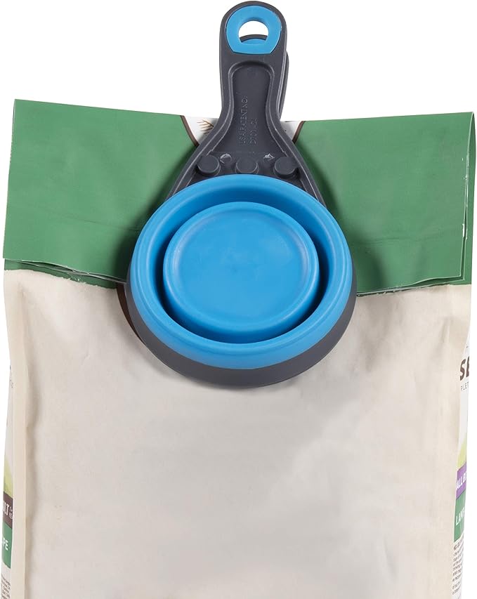 Dexas Pets Collapsible KlipScoop Collapsible Dry Dog Food Scoop and Dog Food Bag Clip, 1 Cup Capacity, Pro Blue