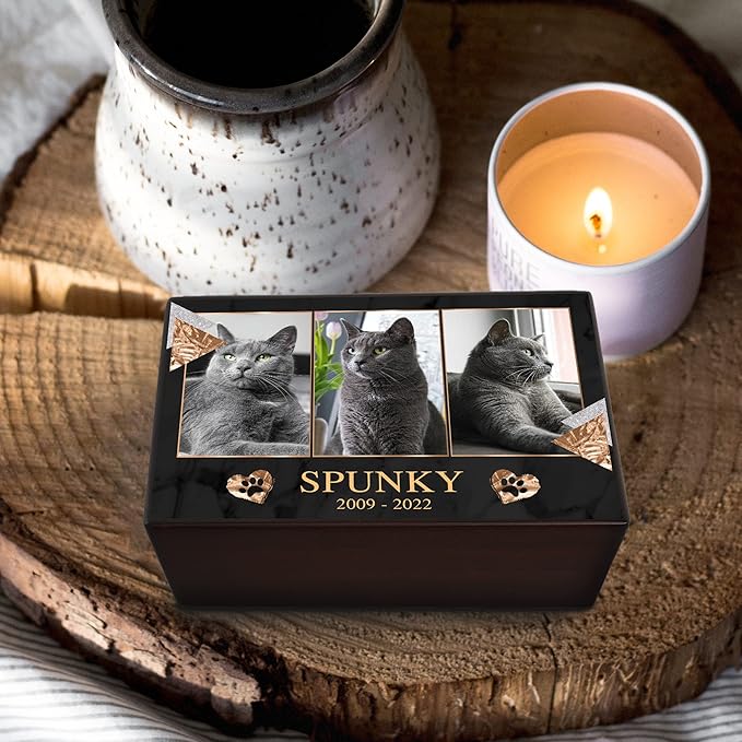 Custom Pet Keepsake Urns for Cats, Wooden Box for Pet Ashes with Photo for Your Beloved Pets, Pet Cremation Urns as Sympathy Gifts for Pet Lovers - Small, 6" x 4" x 2.75" Pet Urn (Spunky)
