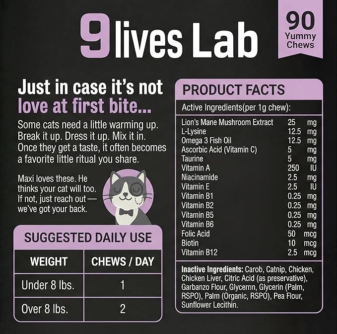 Human-Grade Cat Multivitamin | 15-in-1 Cat Vitamins for Indoor Cats + Fish Oil + L-lysine + Lion's Mane | Feline Vitamins and Supplements | 45 Day Supply of Soft Chews