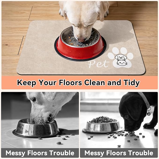 Dog Cat Feeding Mat-Absorbent Pet Bowl Mat for Food and Water, Quick Dry Water Dispenser Mat for Floors with Waterproof Rubber Backing, Puppy Cat Placemat Mats for Messy Drinkers,12"x20",Taupe