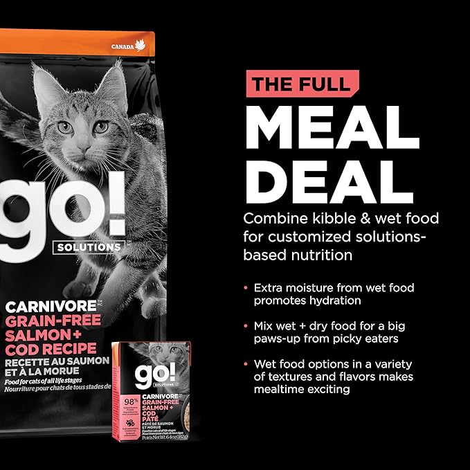 Go! Solutions Carnivore Salmon + Cod Grain-Free Dry Cat Food, Our Highest-Protein Kibble Made with Real Meat & Fish, Chicken-Free Recipe, for Kittens, Adults & Seniors, 3 lb Bag