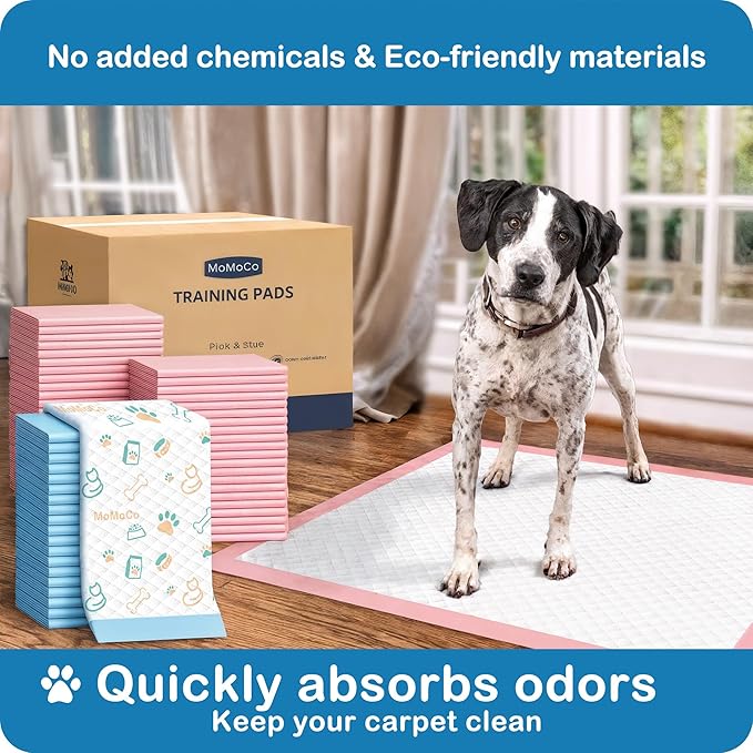 MoMoCo Puppy Pads 23″×23″ Disposable Dog Pee Pads Super Absorbent, Leak-Proof Puppy Training Potty Pads, 200-Count Value Pack (Pattern100 + Pink100)
