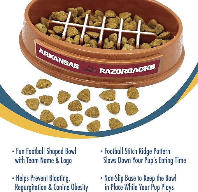 NCAA Super-Bowl - Arkansas Razorbacks Slow Feeder Dog Bowl. Football Design Slow Feeding Cat Bowl for Healthy Digestion. Non-Slip Pet Bowl for Large & Small Dogs & Cats