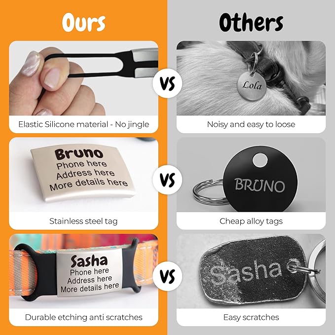 Personalized Slide-On Silent Pet ID Tag, Custom Engraved Elastic Band Name Plate and Phone for Collars and Harnesses, No Noise Charms for Dogs, Cats, Puppies, Kittens, or Horses