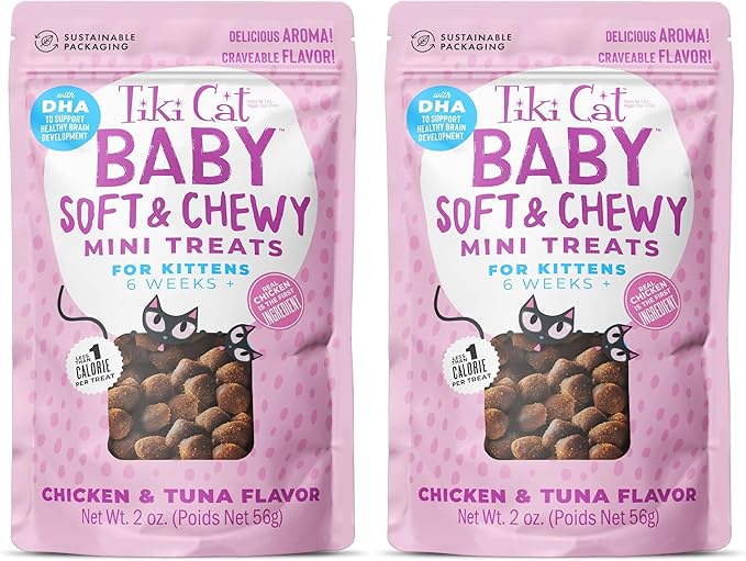 Tiki Cat Baby Soft & Chewy, Chicken Flavored, Low-Calorie, Mini Treats for Kittens 6 Weeks+, 2 oz. Pouch (Pack of 2)