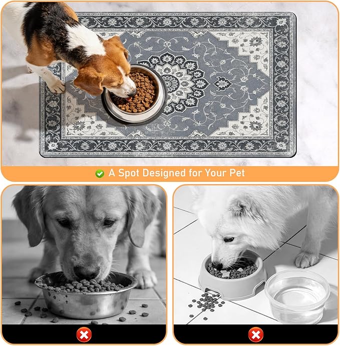 Dog Food Feeding Mat - Absorbent Diatomite Pet Dog Cat Bowl Mats for Food and Water, Anti Slip Dog Bowl Placemat for Floors, Quick Dry Pet Dish Matts Supplies, Bohemia Style, 17 * 30in