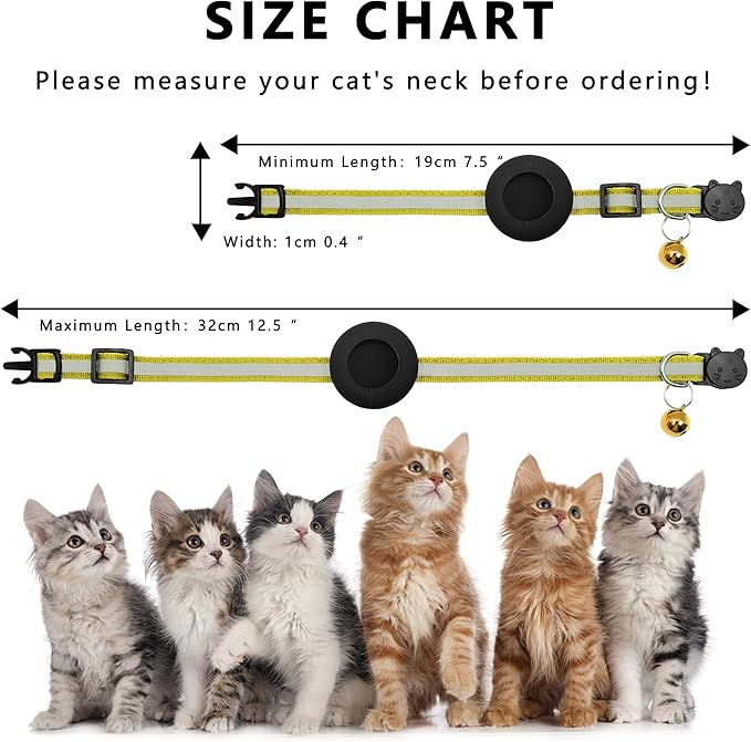 Cat Collar with Air Tag Holder, Reflective Kitten Collar with Bell, Breakaway Airtag Cat Collar for Boys Girls Cats, GPS Tracker for Cats 0.4’’ Width Adjustable Safe Kitty Collar, Yellow