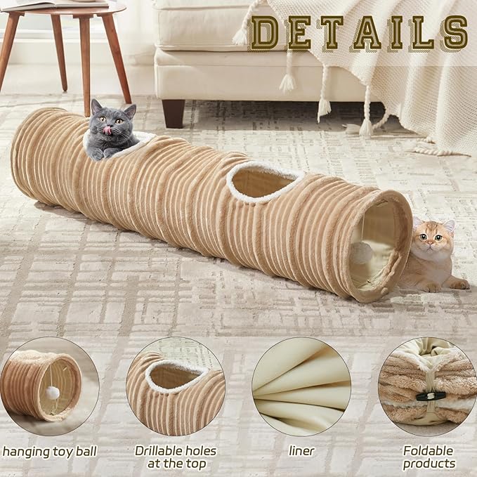 Cat Tunnel for Indoor Cats,Cats Toys Collapsible Tunnel Straight Tube with a Fun Ball and 2 Holes,Cat Play Tunnels,for Rabbits, Ferrets, Puppies & Small Pets,Diameter 9.8 Inch