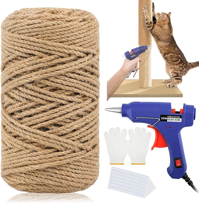 262 ft Sisal Rope for Cat Scratcher Kits, 4mm Thick Rope for Cat Scratch Post, DIY Hemp Twine with Hot Glue Gun and 30 Glue Sticks