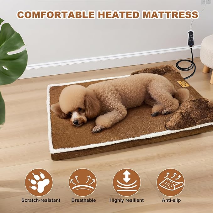 Heated Pet Bed for Cat & Puppy, 20×20In Dog Beds with Memory Foam Pet Bed, Nine Gears Smart Switch Dog Sofa with Timer, Washable Removable Cotton Sleeve, Soft and Comfortable