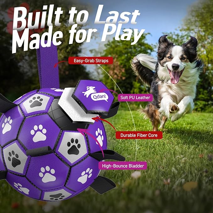 QDAN Dog Toys Soccer Ball with Straps - Dog Water Toy, Puppy Birthday Gifts, Durable Dog Balls for Small Medium Dogs （6 Inch）
