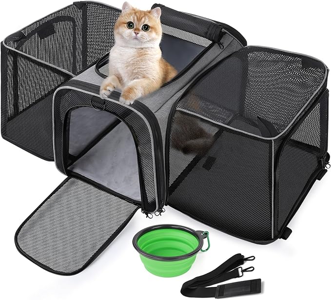 pecute Cat Carrier Expandable, Extra Large Pet Carrier Bag, Foldable Cat Carrier Bag with Breathable Mesh, Pet Carrier Transport Bag for Dogs and Cats, with Shoulder Strap and Pet Bowl