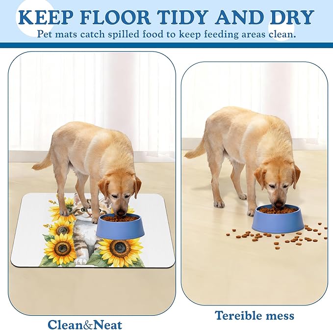 Cute Cat Sunflower Pet Feeding Mat for Floors–Christmas Stocking Absorbent Quick Dry Dog Cat Bowl Mat for Food and Water, Non Slip Waterproof Base, Mess-Free Feeding Accessories 16"x24"