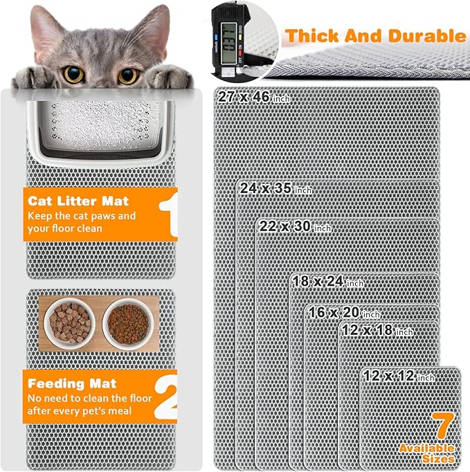 Waterproof Cat Litter Mat, Double Layer EVA, Odor-Free Large Grid, Urine Proof, Easy Cleanup 27 x 46, Gray