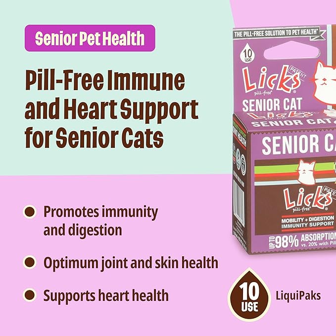 Licks Pill-Free Senior Cat - Joint Support & Digestion Supplement for Senior Cats - Immunity Vitamins & Heart Health Supplements for Older Cats - Gel Packets - 10 Use