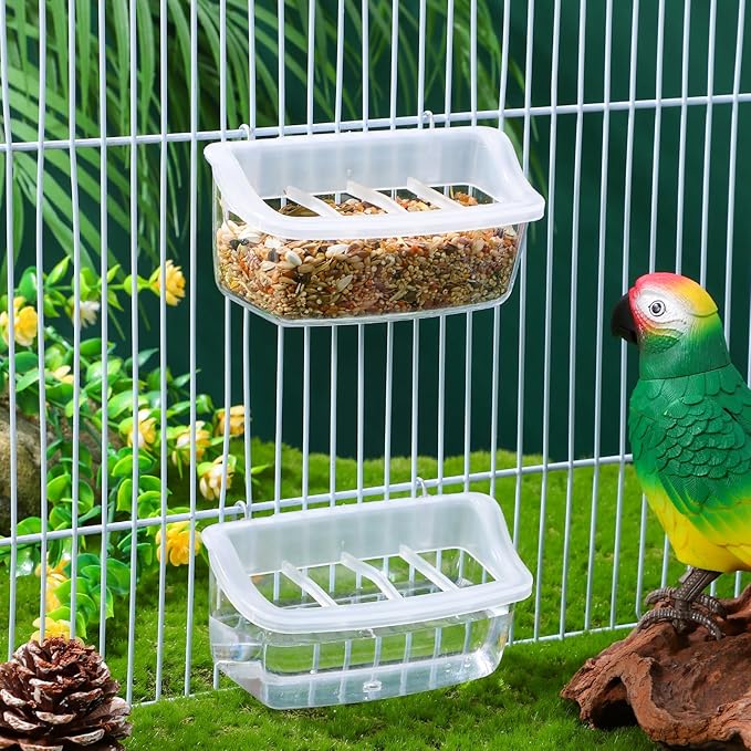 GANAZONO 2pcs Bird Feeders for Cage Clear Hanging No Mess Parrot Feeders with Cover Plastic Bird Food Containers for Parakeets Small Birds