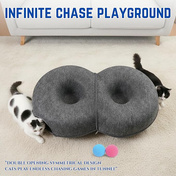 Trivon Peekaboo Cat Tunnels for Indoor Cats, Cozy Indoor 8-Shaped Donut Hideaway Bed with 12 Toy Balls, Bonus Bird Toy and Toy Gun, Scratch-Resistant, Detachable & Washable Design
