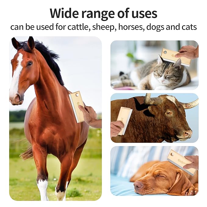Shedding and Grooming Tool - Brush Scraper for Pets' Undercoat, Horses, Cattle, and Cats, Wooden Handle with Stainless Steel Blade
