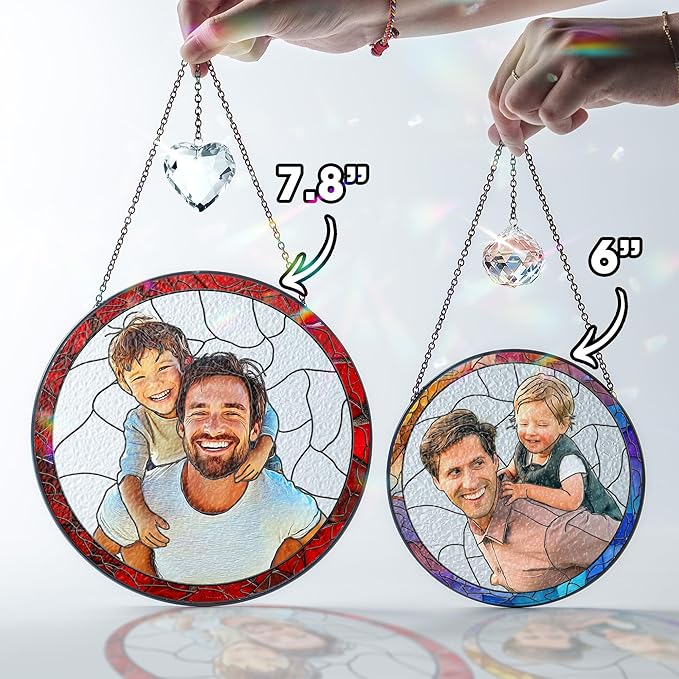 Personalized Dad Stained Glass Suncatcher, Photo Family Stained Glass Window Hanging Decoration, Custom Photo Gift for Dad from Son Daughter, Birthday Gift for Grandpa, Papa, Uncle