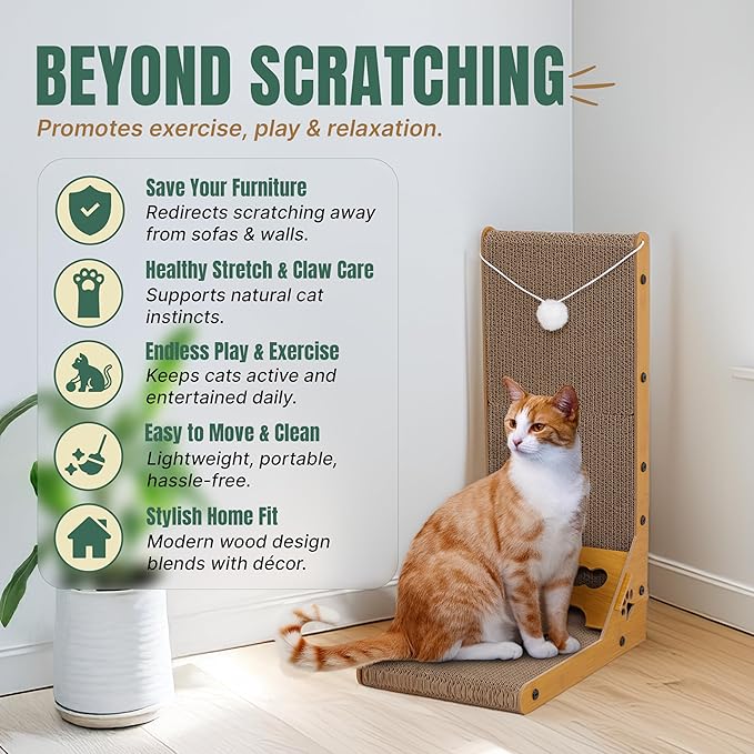 Cat Cuddles Cardboard Cat Scratcher for Indoor Cats, 2-Pack - 3-in-1 Vertical & Horizontal Cardboard Scratch Pad with Toy Ball - L-Shape Scratching Post for Furniture Protection