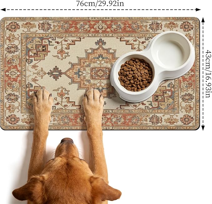 Pet Dog Food Mat - Absorbent Diatomite Dog Cat Feeding Mats for Food and Water, Anti Slip Dog Cat Bowl Placemat for Floors, Quick Dry Pet Dish Matts Supplies, Bohemia Style, 17 * 30in