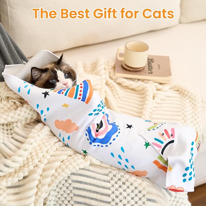 27.6'' Cat Grooming Wrap for Cutting Nails Self-Adhesive Soft Polyester Fabric Swaddle Wrap for Cats Anti-Scratch Anti-Escape Restraint for Nail Clipping Pet Cleaning and Beauty (Rainbow,XL)