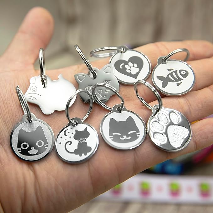 Stainless Steel Cat ID Tags - Engraved Personalized Cat Tags Includes up to 4 Lines of Text with Round Paw Shape