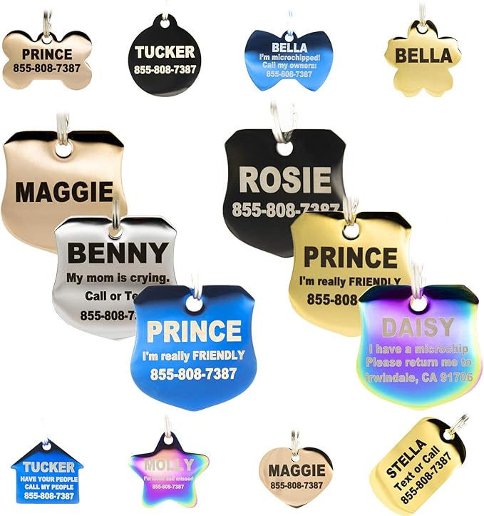 Engraved Dog Tags Personalized - Stainless Steel Engraved Dog Cat ID Tags Front & Back up to 8 Lines of Text Color Plating Gold, Rose Gold, Blue, Black, Nebula Badge Small