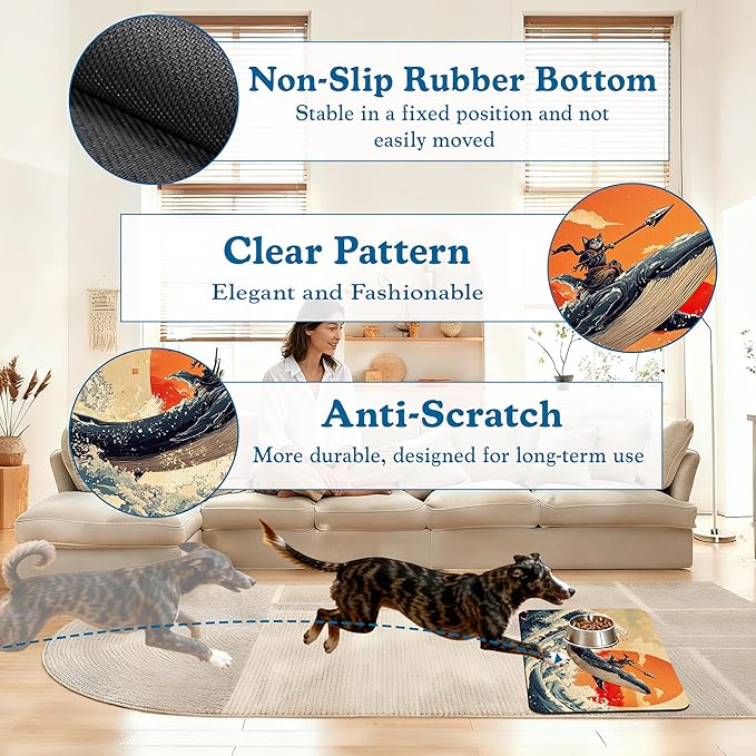 Wave Cat Dog Food Mat,Christmas Stocking Ukiyo-e Whale Absorbent Quick Dry Feeding Placemat for Food and Water Bowls, Non Slip Rubber Backing, Waterproof Pet Supplies for Mess-Free Eating 16"x24"