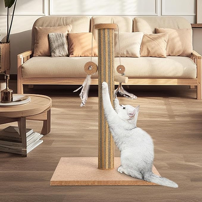 Natural Cork Vertical Cat Scratching Post-Cork-cat Scratcher with Feather Toy-cat Tree-cat scratchers for Indoor Cats Toys Stable Base-Eco-Friendly-Safe-Noise-Reducing for Claw Health-Home Decorate