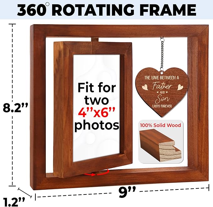 Rotating Picture Frame Father's Day Gift, Frame Fits 4x6 Photo for Dad, To the World You Are a Dad Wooden Keepsake Idea Father Stepdad Birthday Gift from Daughter Son Tabletop Decor HR-DAD-WAL
