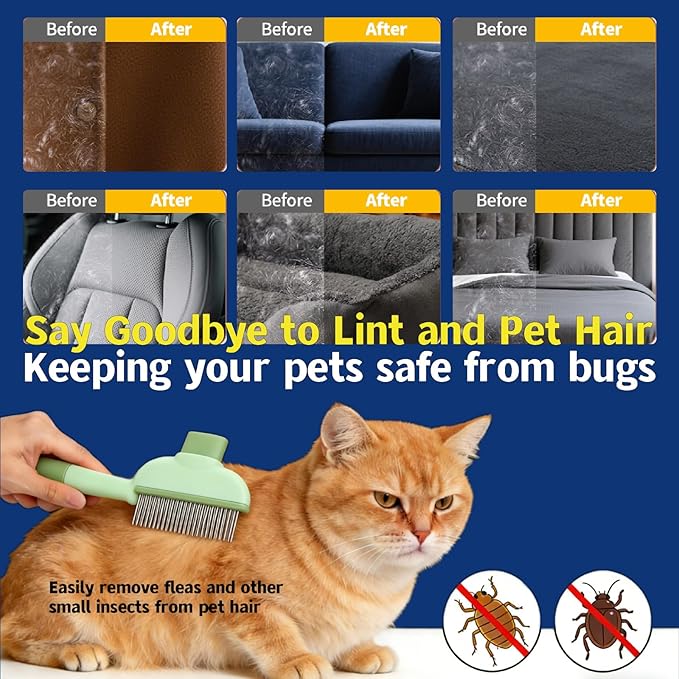 4-in-1 Pet Hair Removal Kit, Reusable Lint Roller, Anti-Slip Glove, Deshedding Comb, Portable Sticky Roller for Cats and Dogs（Blue）
