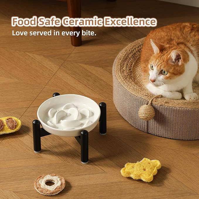 Elevated Slow Feeder Cat Bowl - Ceramic Cat Food Dish with Anti-Slip Stainless Steel Stand - Raised Maze Plate for Slow Eating - Light Pink