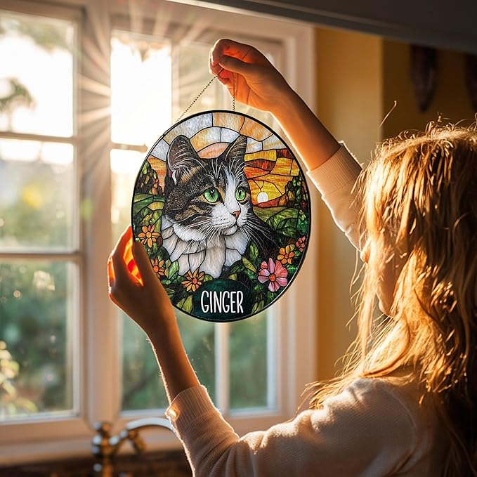 Custom Cat Portrait Art Suncatcher Stained Glass Remembrance Gift Dog Indoor Decor Window Hanging Dog Cat Bereavement Keepsake Loss of Pet Sympathy with Name Date Portrait Gifts