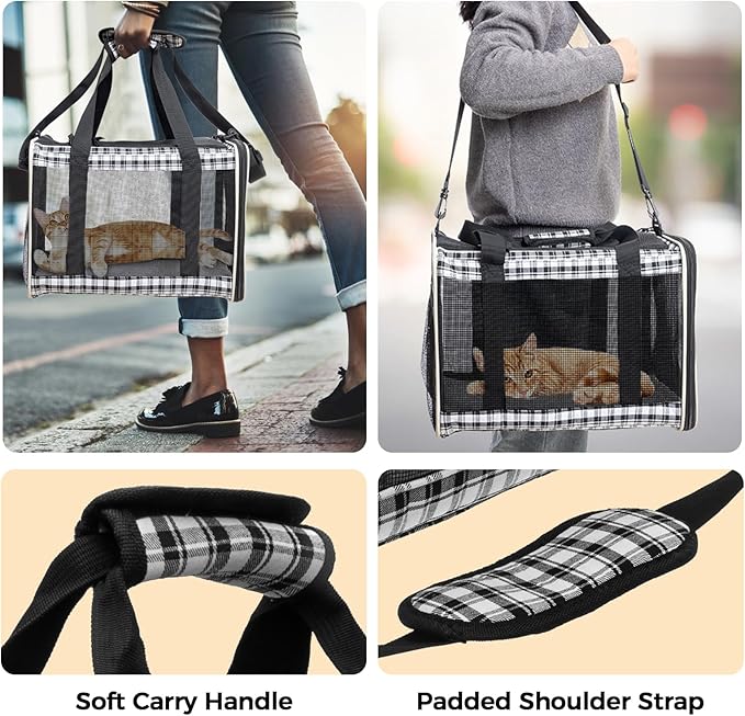 Soft Sided Cat Carrier for Large Cats Up to 20 Lbs, Collapsible Cat Bag Airline Approved with Upgrade Zipper Closures,17 * 12 * 12in Pet Travel Carrier for Small Dogs Puppy or 2 Kittens, Black