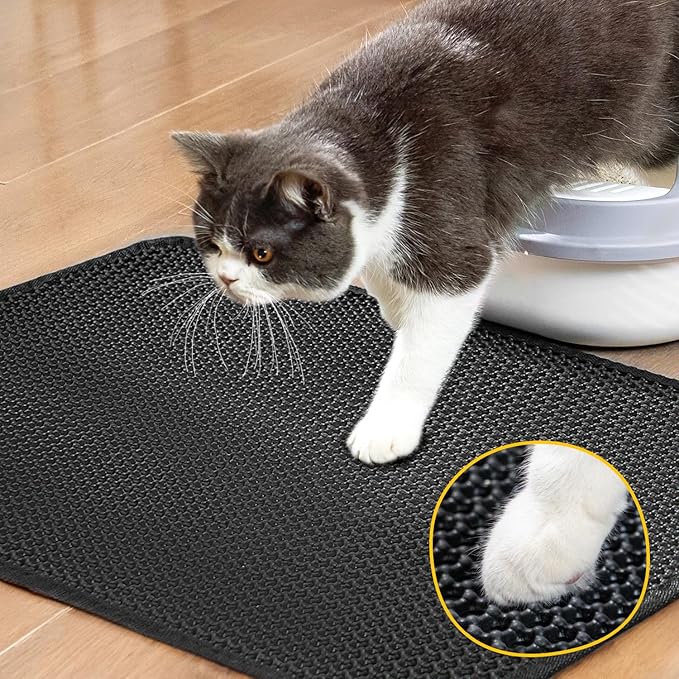 Cat Litter Mat Compact Size 23.6"x14.6" for Small Spaces, Upgrade Waterproof Leakproof Back Layer, Honeycomb Trapping Mat, Washable, Easy to Clean, Scatter Control Kitty Litter Matt, Black, 2 Packs