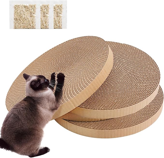 Round Cat Scratcher Replacement Pads -Circle Cat Scratcher Pad Cardboard Cat Scratchers Refill 10 inch Diameter 7/8 inch Thickness Pet Supplies, Relieves Stress, Supports Pet Behaviors, 4 Count