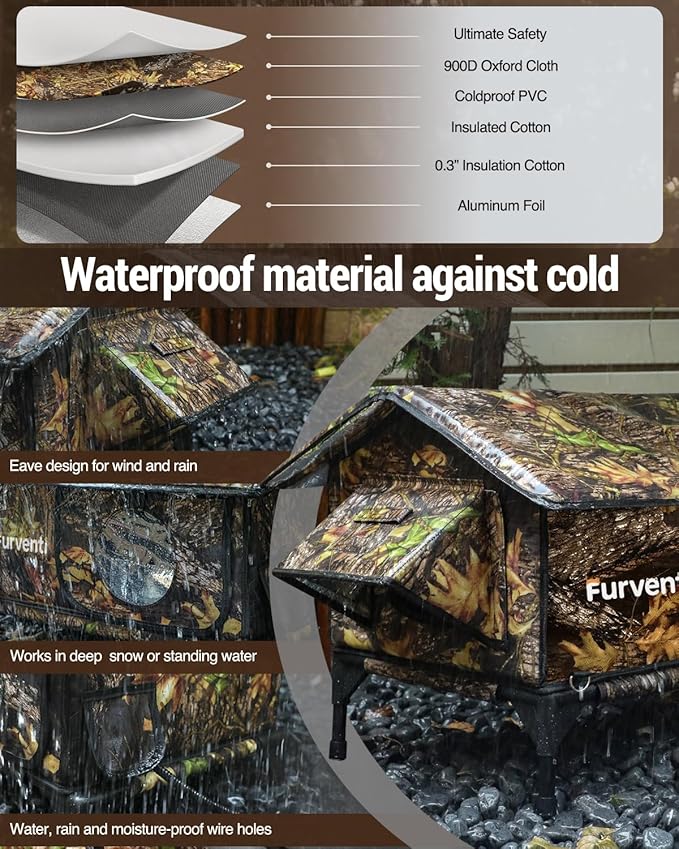 Heated Cat House for Outside,Extremely Weatherproof&Insulated in Winter,Elevated Outdoor Cat Shelter with Waterproof Eaves&Escape Door for Feral Stray Barn Cats(Leaves,S)