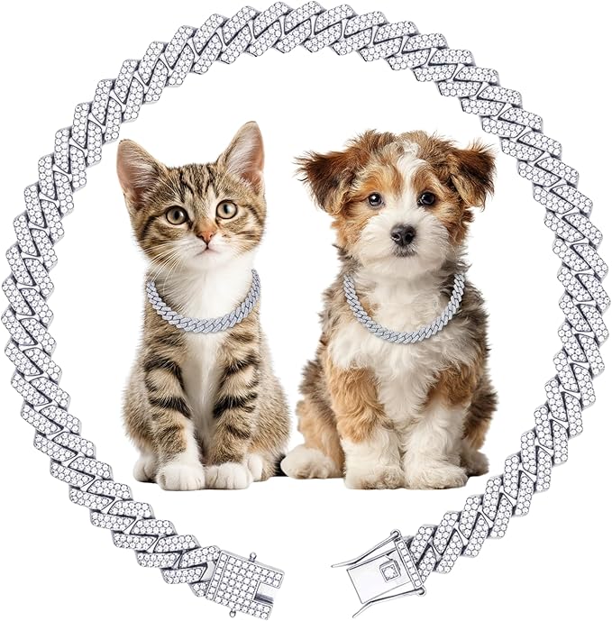 Luxury Cuban Link Puppy Collar Silver Puppy Chain Necklace with Diamond Rhinestones - 0.59 Inch Width Metal Pet Collar Jewelry for Puppy & Kitten (8 inch)