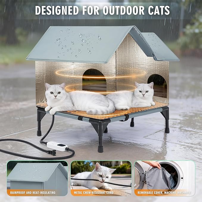 Outdoor Cat House Weatherproof, Heated Cat House for Outside, Insulated Outdoor Cat Shelter with Thickened Model (Grey, L)