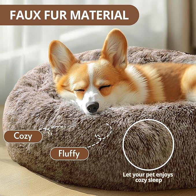 JOLLYVOGUE Calming Dog Bed Large Size Dog, Anti-Anxiety Donut Large Pet Bed, 36 inches Fluffy Faux Fur Round Cat Bed, Fits up to 75 lbs Pets (Smoke Brown)