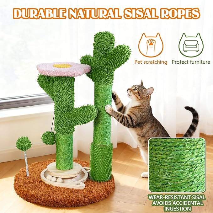 2026 New DIY 9+ Installation Styles Cactus Cat Scratching Post with Self-Grooming Brush and Ball Toy | Modular Sisal Cat Scratching Post for Indoor Cats and Kittens, Customizable Cat Furniture