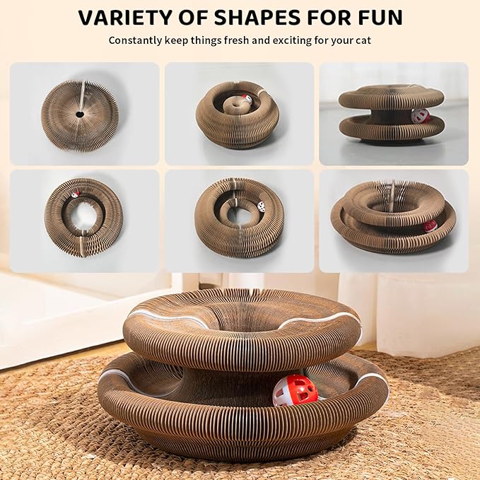 2 Pack Cat Scratcher Toys with Balls Bells, Magic Organ Foldable Cat Scratching Board for Kitten, Interactive Toys for Indoor Outdoor Exercise Anxiety Relief, Auburn